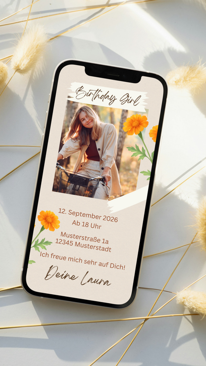 Digitale Geburtstagseinladung im Boho-Stil – mit Foto & Blumenmotiv
