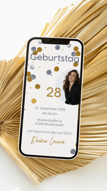 Digitale Geburtstagseinladung mit Foto – stilvoll, modern & edel