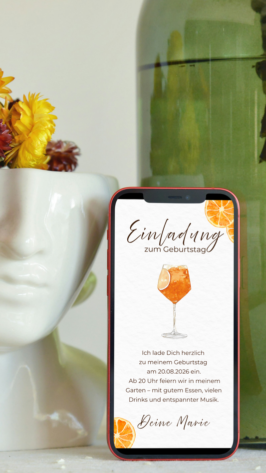 Digitale Geburtstagseinladung – Orange & Spritz