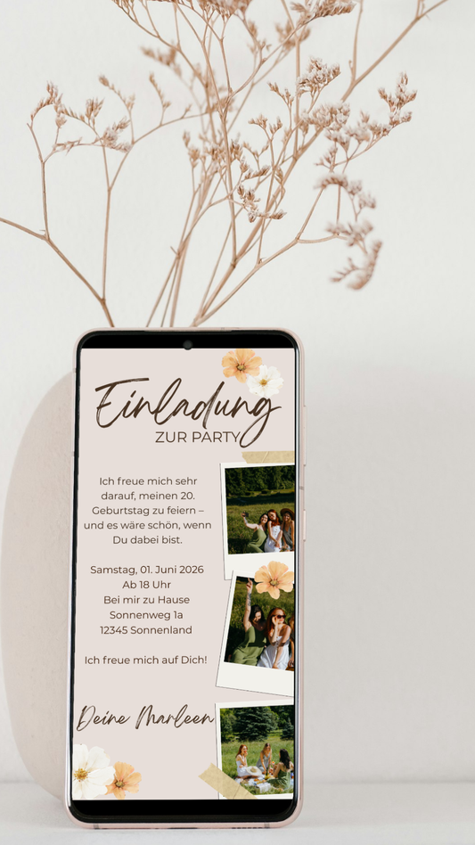 Digitale Geburtstagseinladung – Rosé & Collage