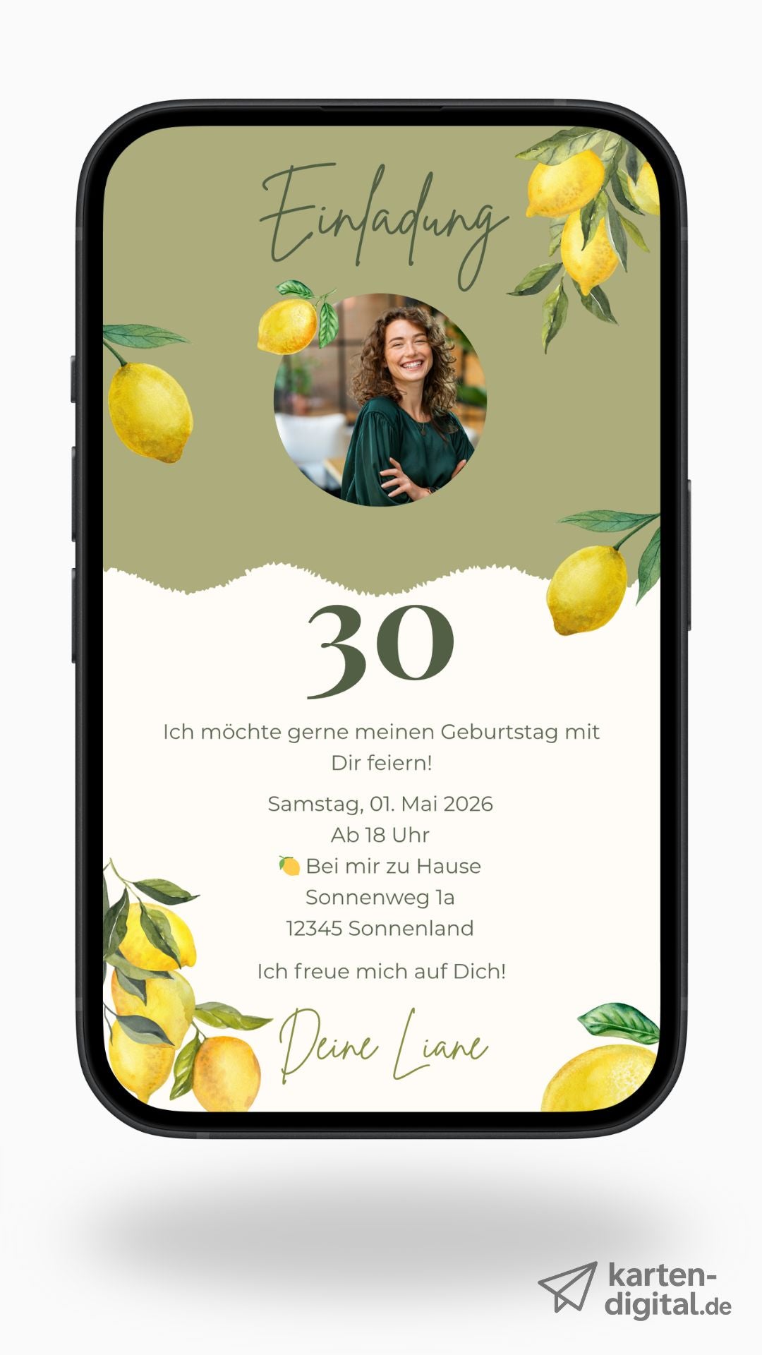 Stilvolle digitale Einladung zum Geburtstag mit frischem Zitronen-Look