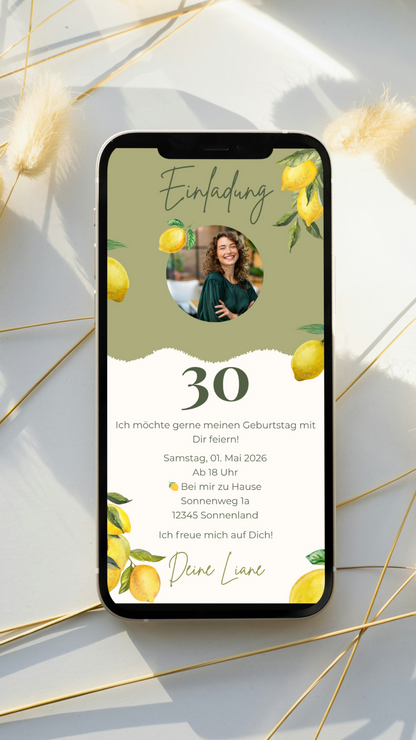 Stilvolle digitale Einladung zum Geburtstag mit frischem Zitronen-Look