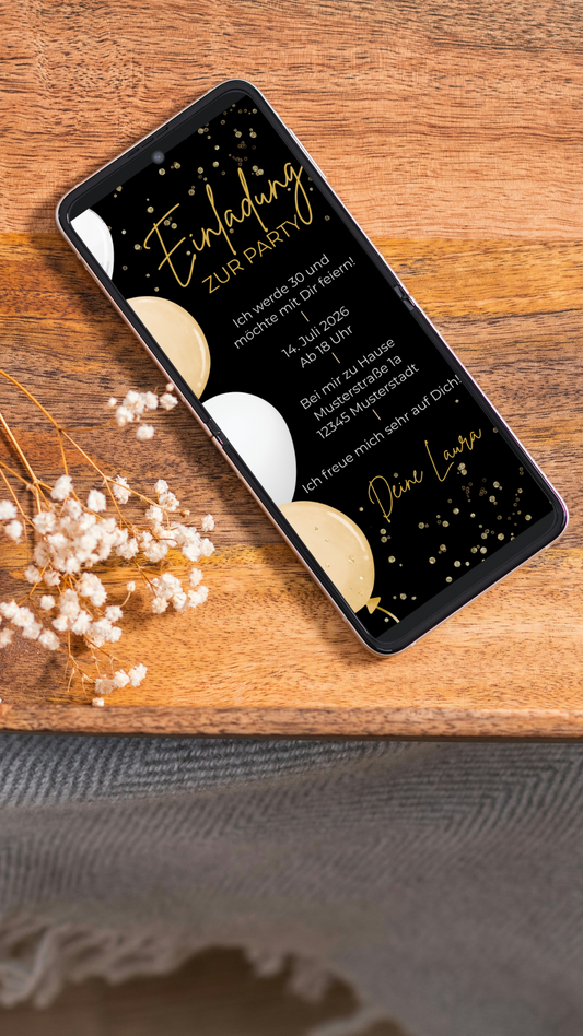 Elegante Geburtstagseinladung in Schwarz & Gold – digital versenden, stilvoll feiern