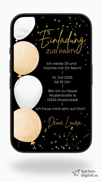 Elegante Geburtstagseinladung in Schwarz & Gold – digital versenden, stilvoll feiern