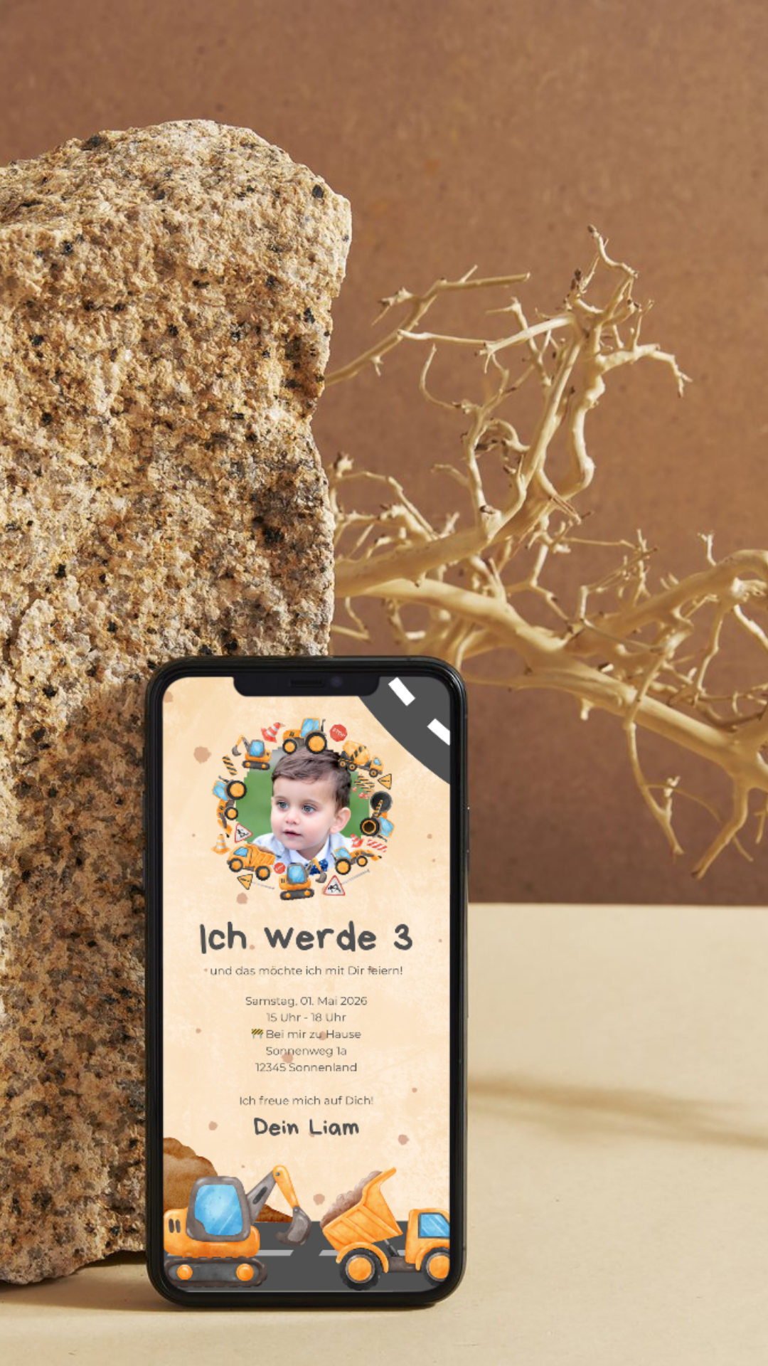 Digitale Geburtstagseinladung für Kinder – Baustellen-Design mit Bagger & Kipplaster
