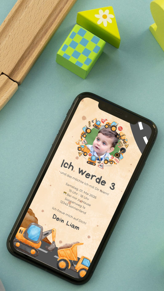 Digitale Geburtstagseinladung für Kinder – Baustellen-Design mit Bagger & Kipplaster