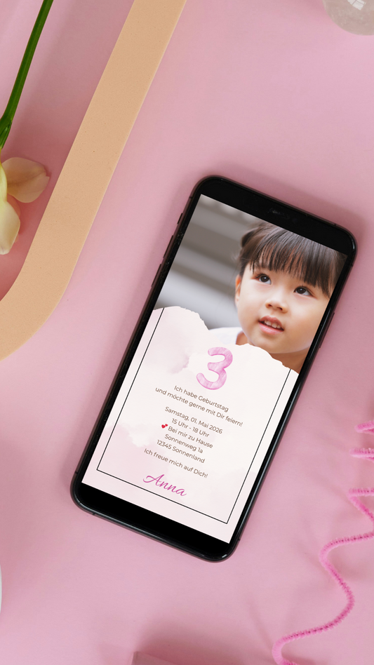 Digitale Geburtstagseinladung für Kinder – schlichtes Design in Rosa mit Foto