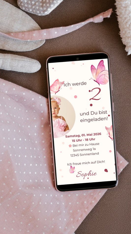 Digitale Geburtstagseinladung für Kinder – Schmetterlings-Design in Rosa mit Foto