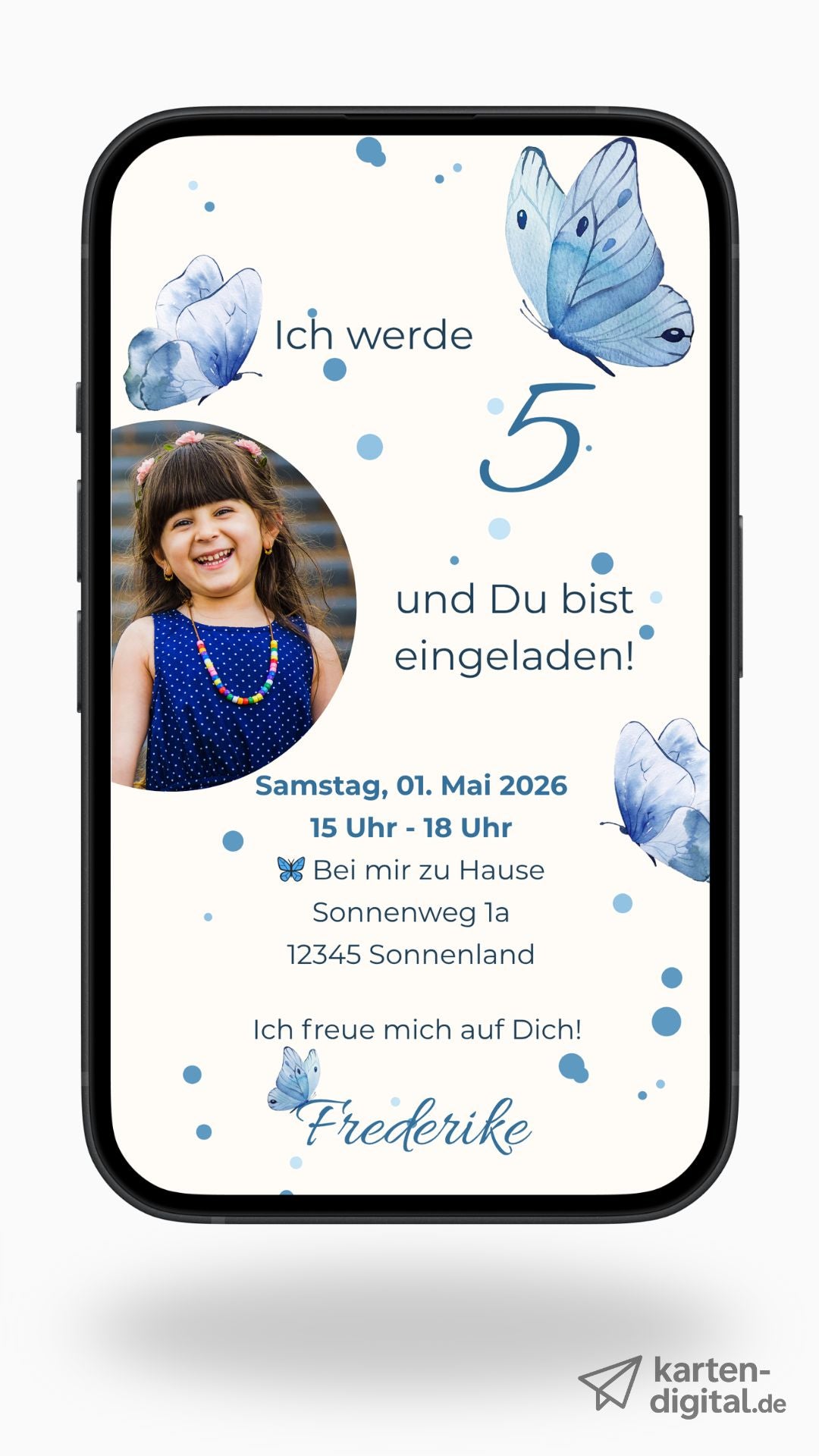 Digitale Geburtstagseinladung für Kinder – Schmetterlingskarte in Blau mit Foto