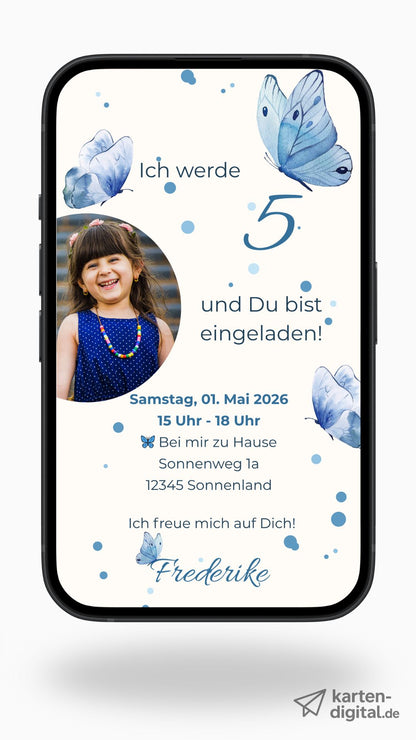Digitale Geburtstagseinladung für Kinder – Schmetterlingskarte in Blau mit Foto