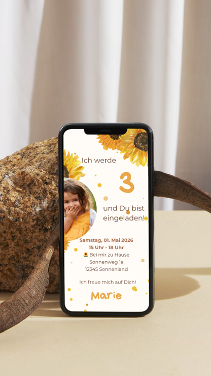 Digitale Geburtstagseinladung für Kinder – Sonnenblumen-Design in Gelb mit Foto