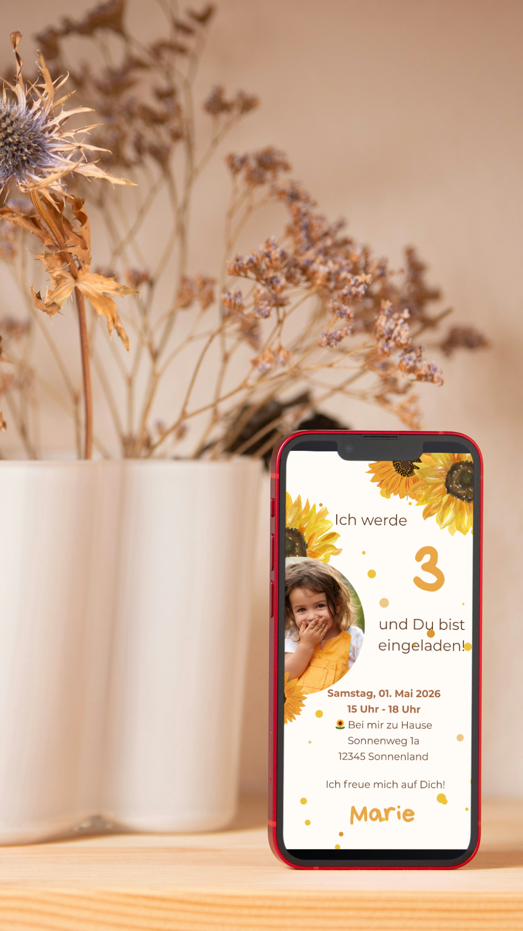 Digitale Geburtstagseinladung für Kinder – Sonnenblumen-Design in Gelb mit Foto