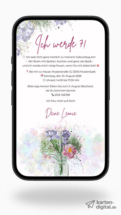 Digitale Geburtstagseinladung für Kinder – Aquarell-Blumen im verspielten Design