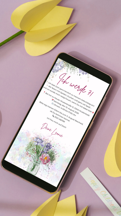 Digitale Geburtstagseinladung für Kinder – Aquarell-Blumen im verspielten Design
