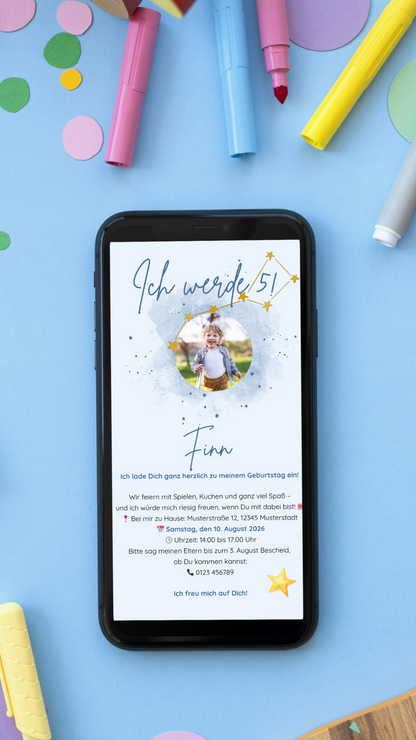 Digitale Kindergeburtstagseinladung – Sternenhimmel-Design mit Foto