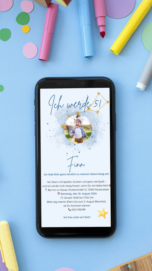 Digitale Kindergeburtstagseinladung – Sternenhimmel-Design mit Foto