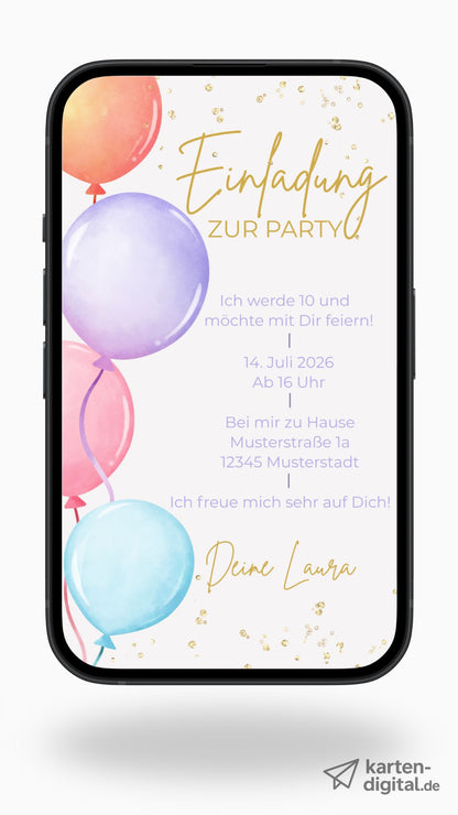 Digitale Geburtstagseinladung für Kinder – Ballon-Design zum Verschicken per WhatsApp