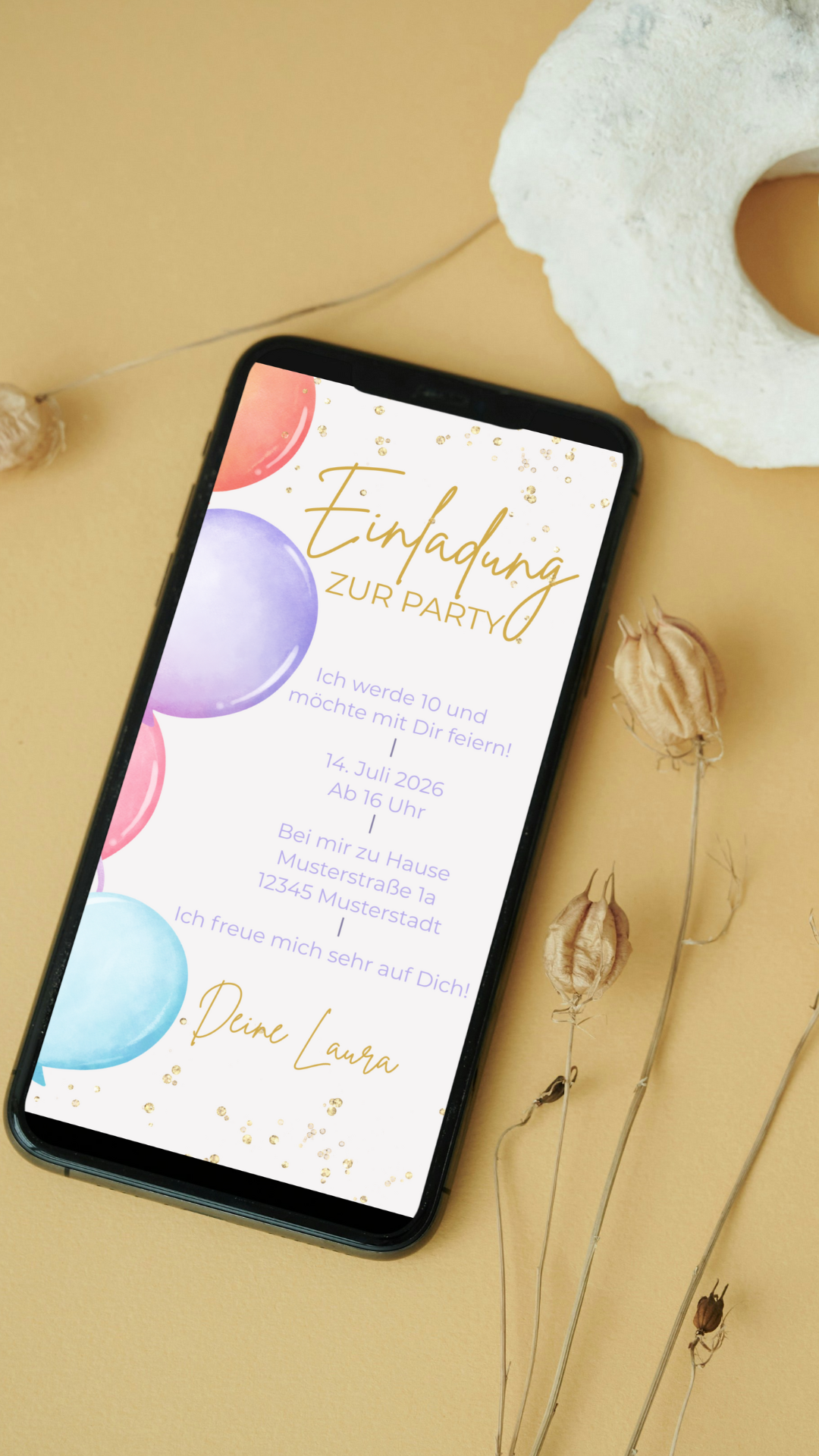 Digitale Geburtstagseinladung für Kinder – Ballon-Design zum Verschicken per WhatsApp