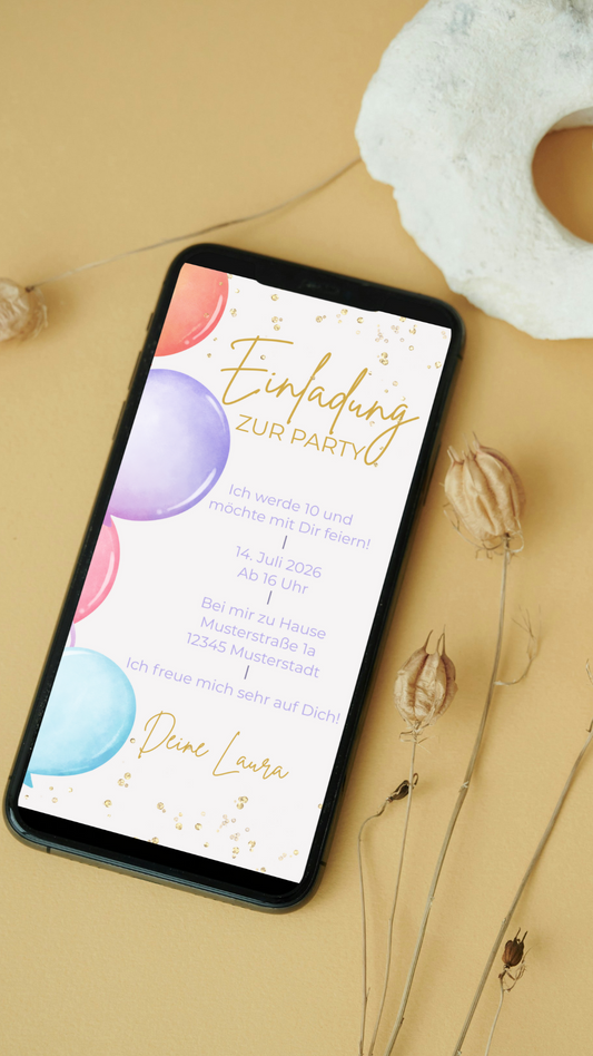 Digitale Geburtstagseinladung für Kinder – Ballon-Design zum Verschicken per WhatsApp