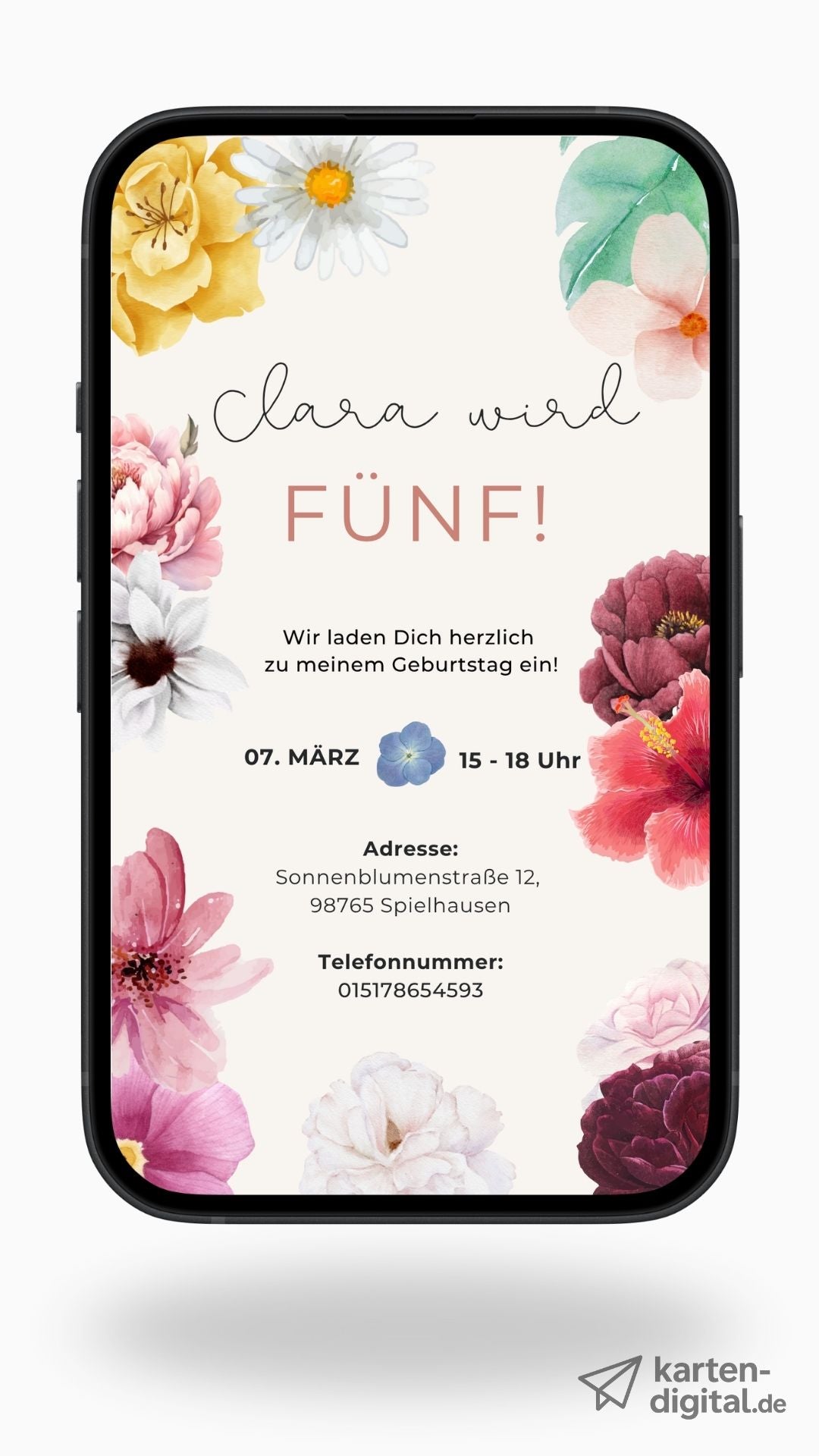 Einladung zum Kindergeburtstag – Digitale Karte mit Blumenrahmen & persönlichem Text