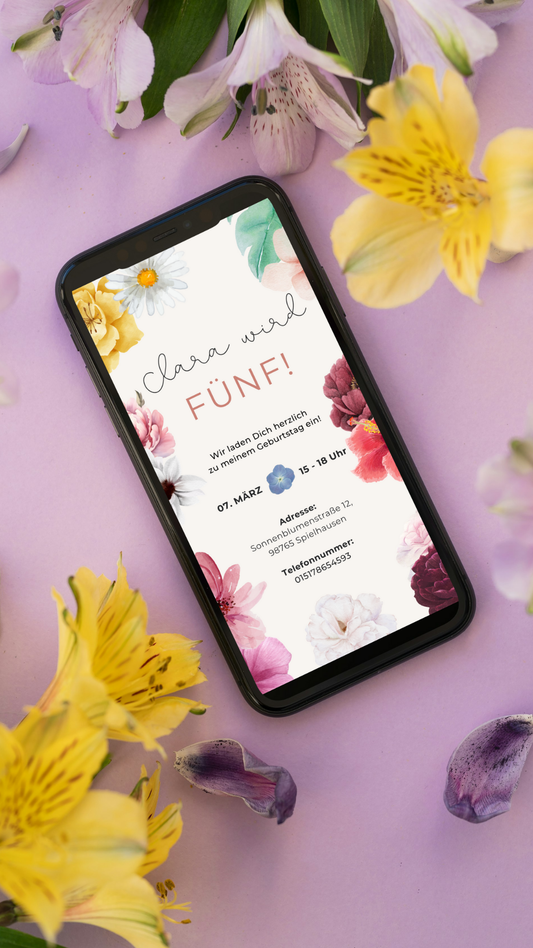 Einladung zum Kindergeburtstag – Digitale Karte mit Blumenrahmen & persönlichem Text