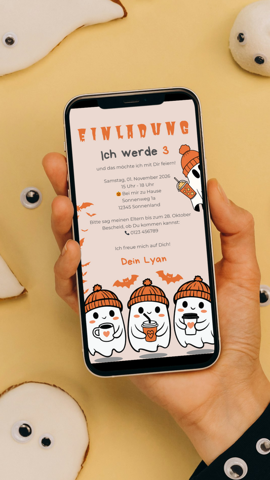 Halloween Geburtstagseinladung für Kinder – digitale Karte mit süßen Geistern & Fledermäusen