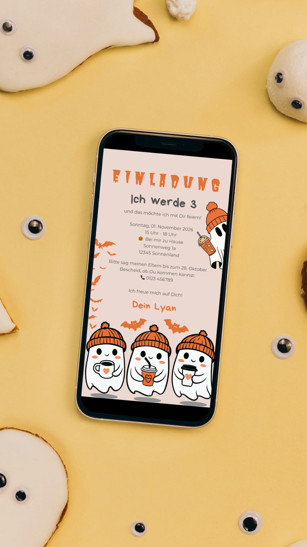 Halloween Geburtstagseinladung für Kinder – digitale Karte mit süßen Geistern & Fledermäusen