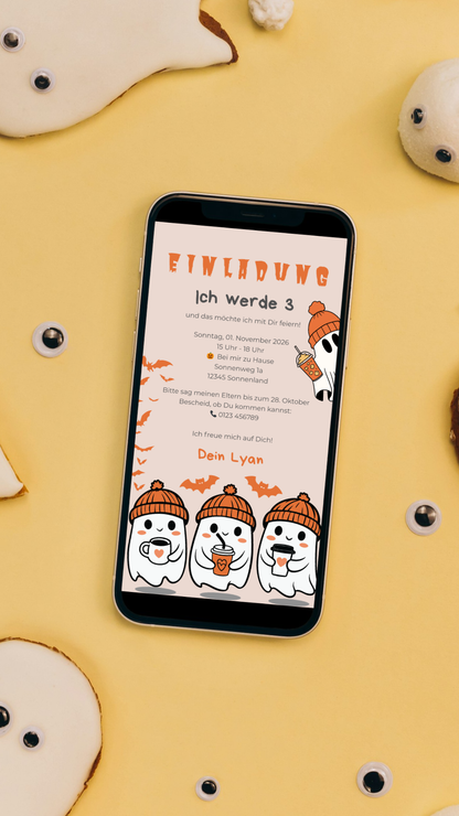 Halloween Geburtstagseinladung für Kinder – digitale Karte mit süßen Geistern & Fledermäusen