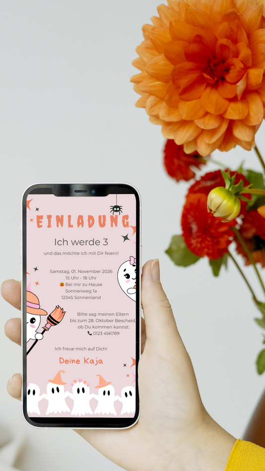 Halloween Kindergeburtstag Einladung – digitale Karte in Rosa mit Geistern & Kürbis-Charme