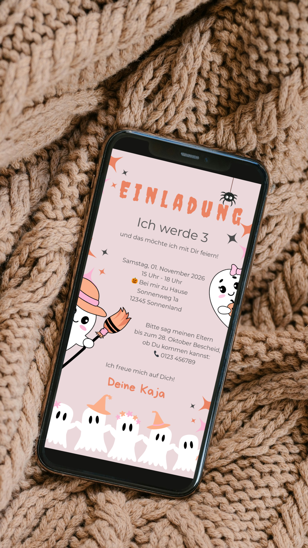 Halloween Kindergeburtstag Einladung – digitale Karte in Rosa mit Geistern & Kürbis-Charme