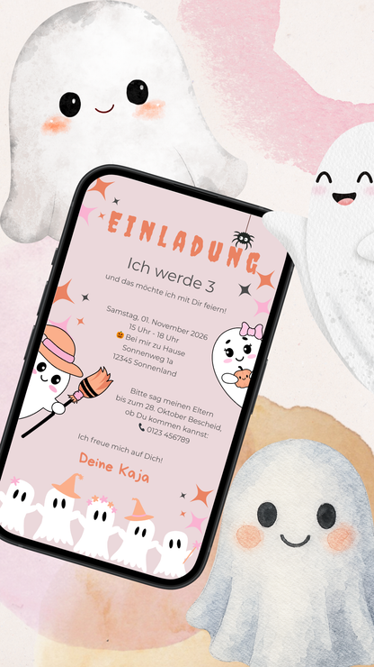 Halloween Kindergeburtstag Einladung – digitale Karte in Rosa mit Geistern & Kürbis-Charme