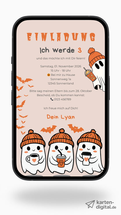 Halloween Geburtstagseinladung für Kinder – digitale Karte mit süßen Geistern & Fledermäusen