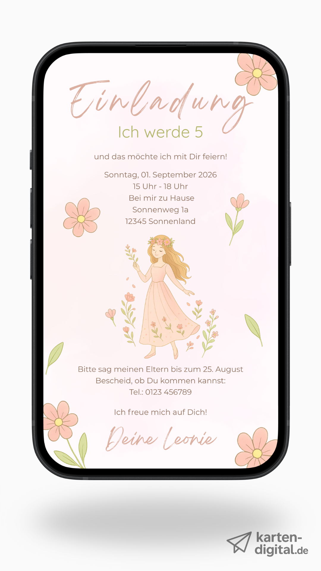 Digitale Geburtstagseinladung – Prinzessin & Pastell