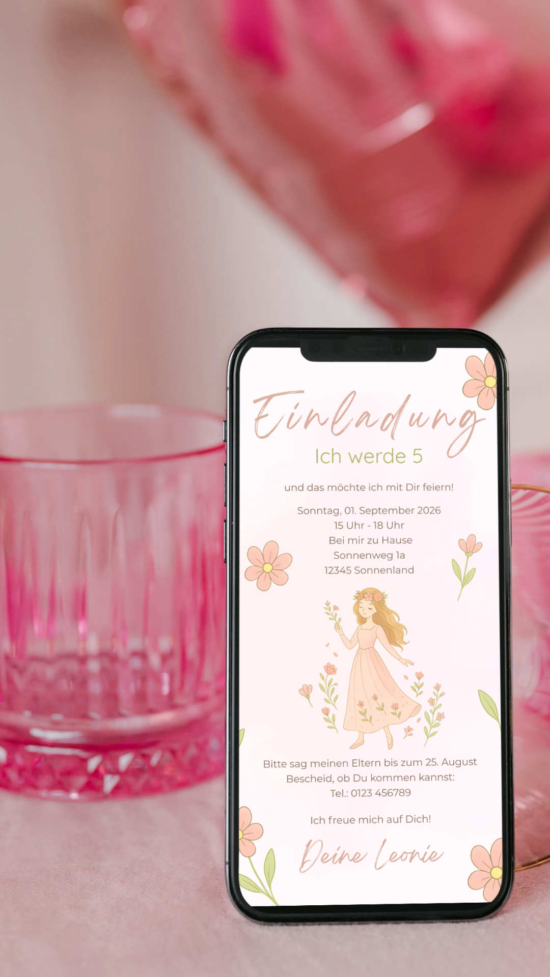 Digitale Geburtstagseinladung – Prinzessin & Pastell
