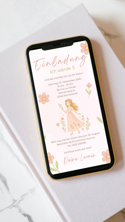 Digitale Geburtstagseinladung – Prinzessin & Pastell