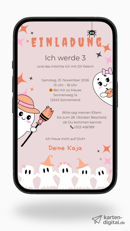 Halloween Kindergeburtstag Einladung – digitale Karte in Rosa mit Geistern & Kürbis-Charme