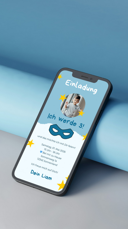 Digitale Geburtstagseinladung für Kinder – Superhelden-Design in Blau mit Foto