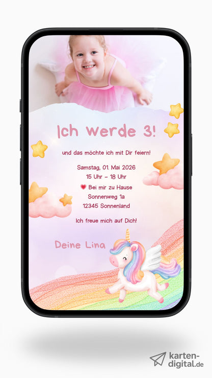 Digitale Geburtstagseinladung für Kinder – Einhorn-Design mit Regenbogen & Sternen