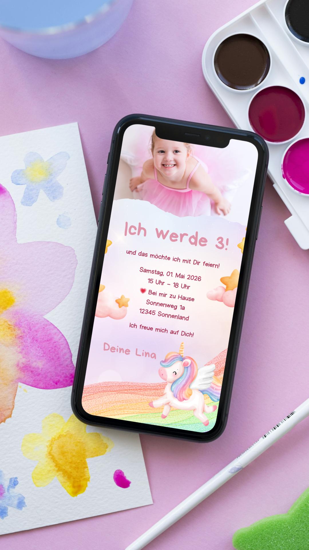 Digitale Geburtstagseinladung für Kinder – Einhorn-Design mit Regenbogen & Sternen