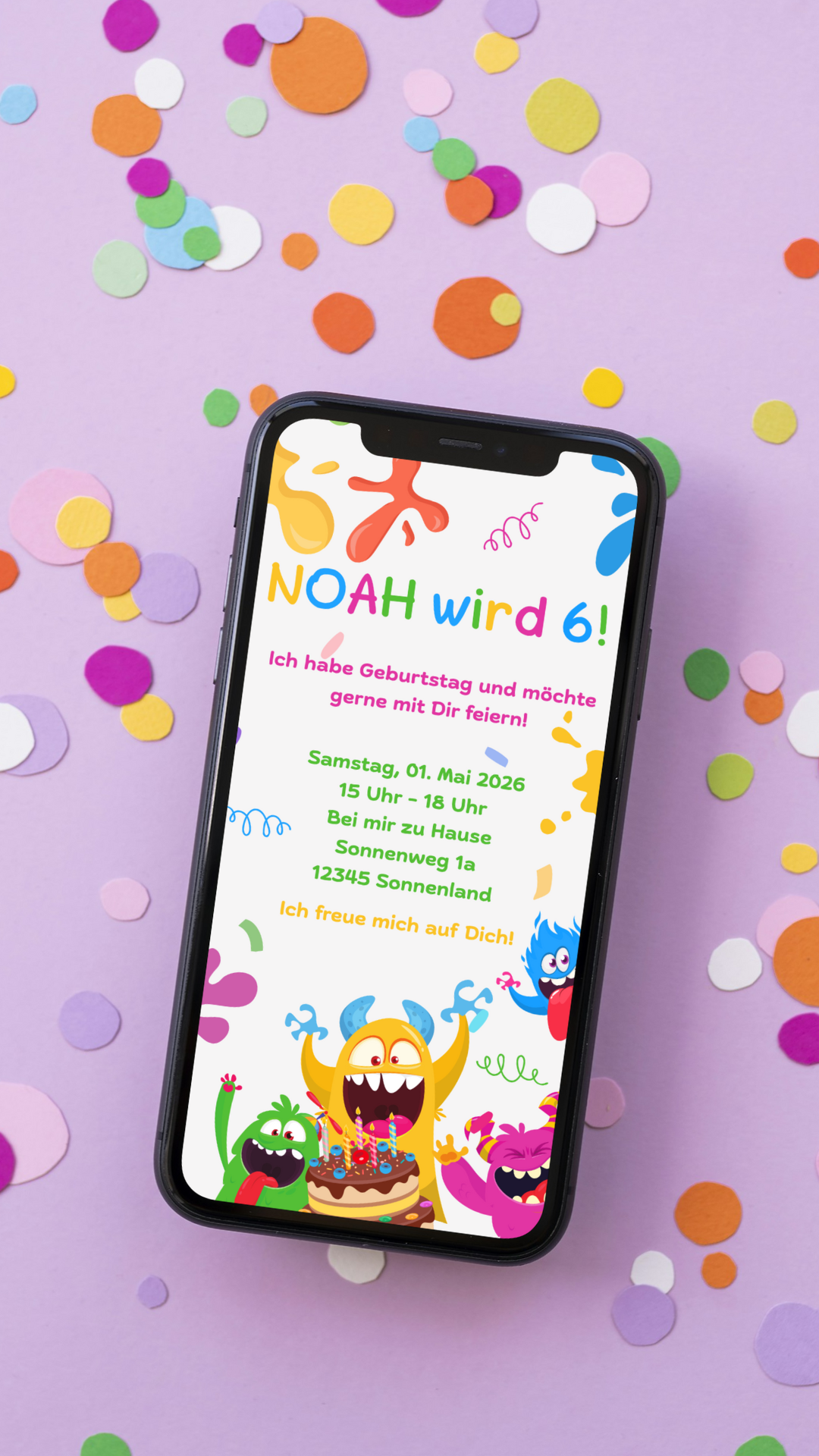 Digitale Geburtstagseinladung für Kinder – Buntes Monster-Design mit Spaßgarantie