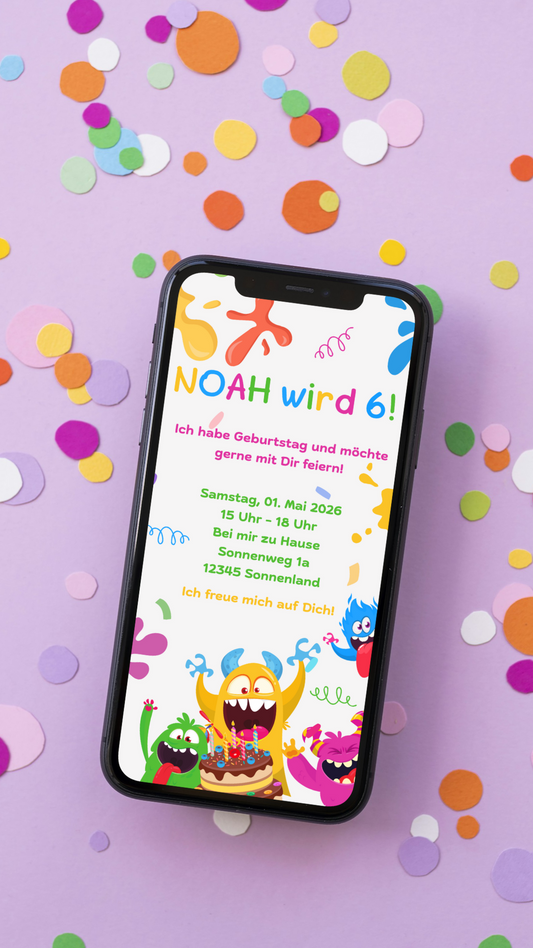 Digitale Geburtstagseinladung für Kinder – Buntes Monster-Design mit Spaßgarantie