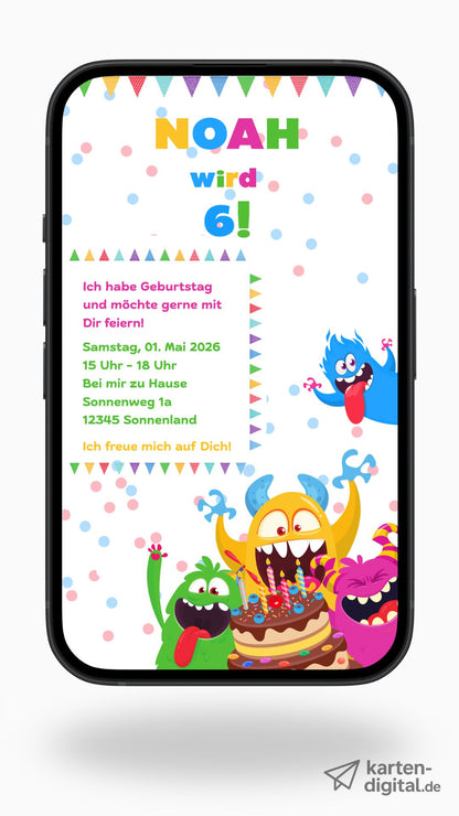Digitale Geburtstagseinladung für Kinder – Buntes Monster-Party-Design mit Konfetti & Kuchen