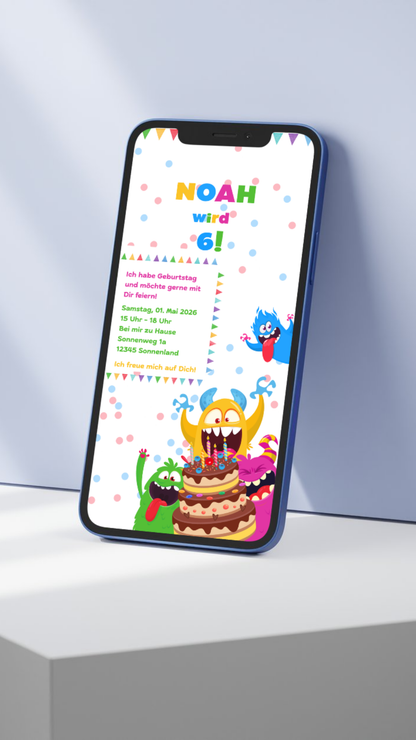 Digitale Geburtstagseinladung für Kinder – Buntes Monster-Party-Design mit Konfetti & Kuchen