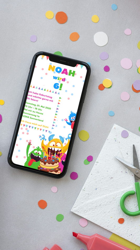 Digitale Geburtstagseinladung für Kinder – Buntes Monster-Party-Design mit Konfetti & Kuchen