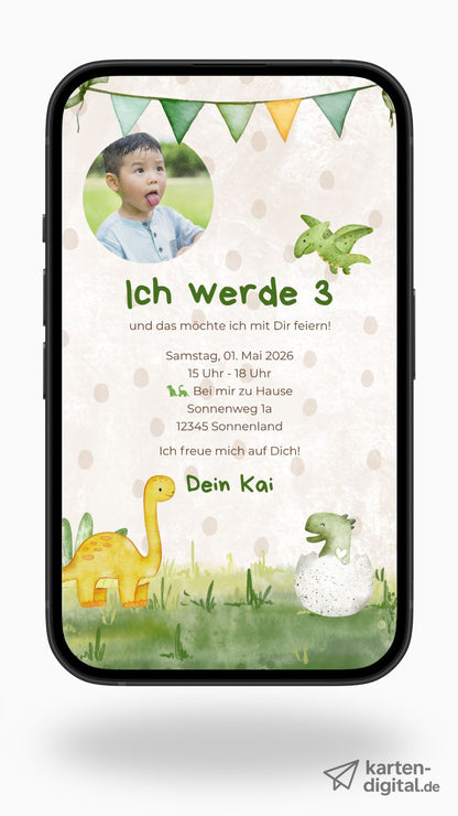 Digitale Geburtstagseinladung für Kinder – Dino-Design mit Foto & grünen Akzenten