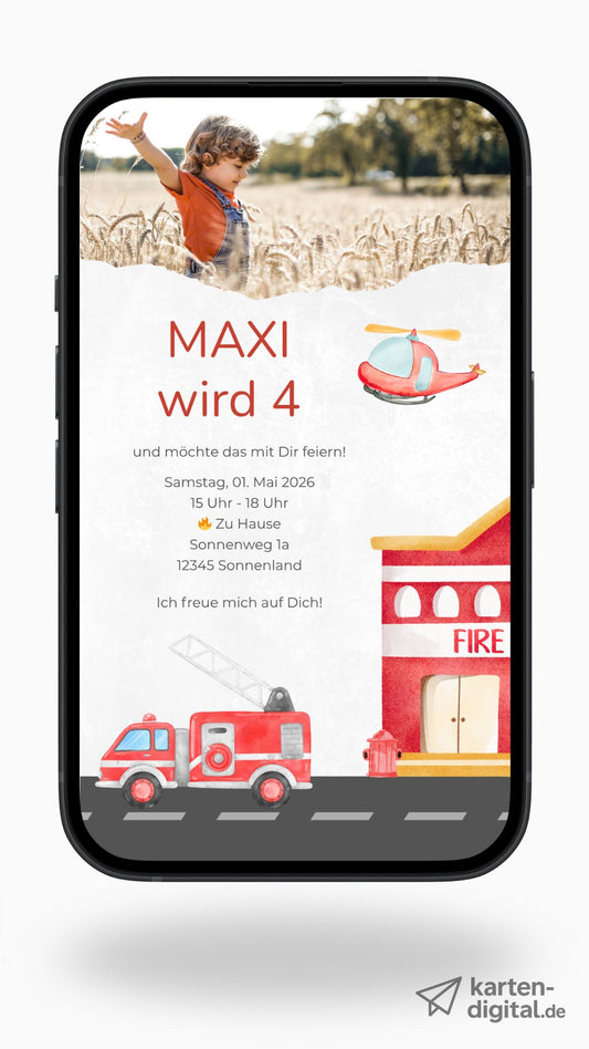 Digitale Geburtstagseinladung für Kinder – Feuerwehr-Design mit Foto & roten Fahrzeugen