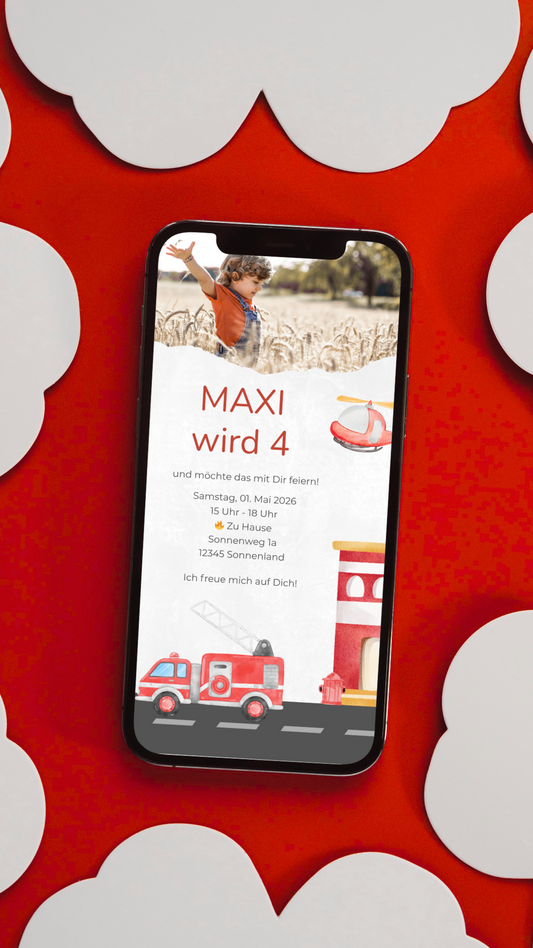 Digitale Geburtstagseinladung für Kinder – Feuerwehr-Design mit Foto & roten Fahrzeugen