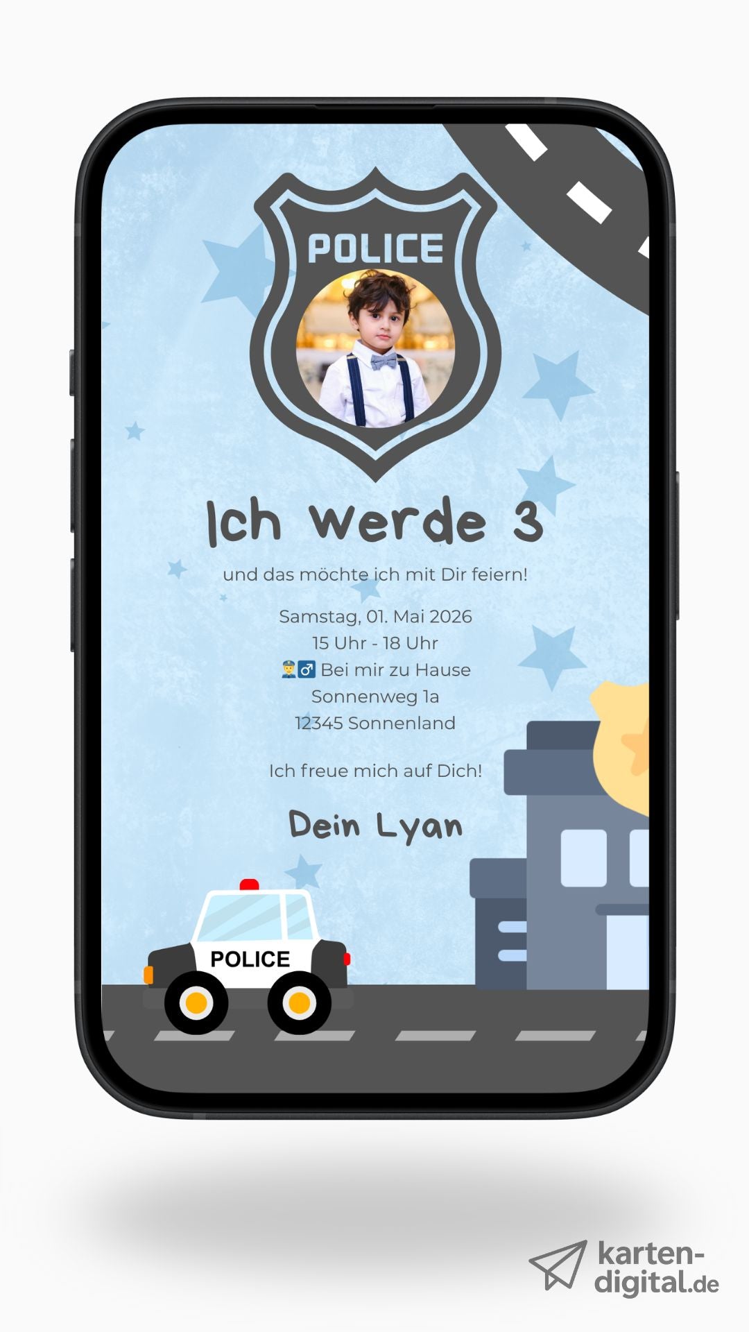 Digitale Geburtstagseinladung für Kinder – Polizei-Design mit Streifenwagen & Foto