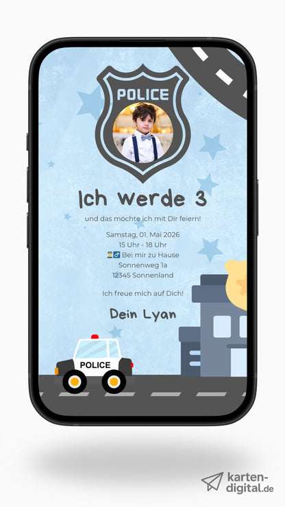 Digitale Geburtstagseinladung für Kinder – Polizei-Design mit Streifenwagen & Foto