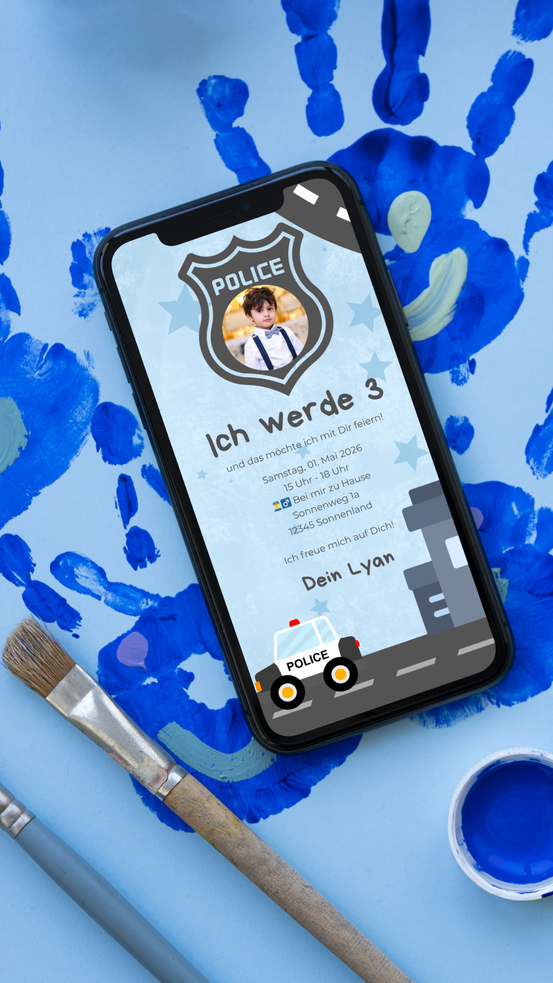 Digitale Geburtstagseinladung für Kinder – Polizei-Design mit Streifenwagen & Foto